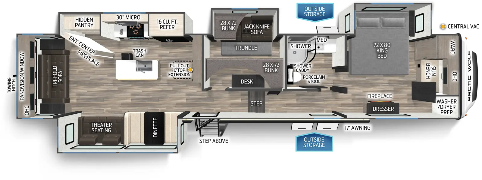 The 3650SUITE has four slideouts and one entry. Exterior features 17 foot awning, outside storage, step above entry steps, and rear towing hitch. Interior layout front to back: front sun bench with overhead cabinet, wardrobe and closet with washer/dryer prep, off-door side king bed slideout, and door side dresser with fireplace below; off-door side full bathroom with porcelain stool, medicine cabinet, and shower caddy; door side steps down to main living area and entry; off-door side mid bunk room with off-door side slideout with jackknife sofa with trundle bed below a bunk, and desk with bunk above along inner wall; kitchen counter with pull-out countertop extension, central vacuum, and overhead cabinet along inner wall; off-door side slideout with refrigerator, kitchen counter with cooktop, overhead cabinet with microwave, and entertainment center with fireplace and hidden pantry behind; kitchen island with sink, and trash can; door side slideout with dinette, and theater seating; rear tri-fold sofa with overhead cabinet, and panovision window.